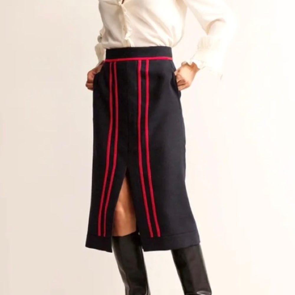 NWT Boden Cassandra Navy Wool Blend Midi Skirt red velvet trim US 4